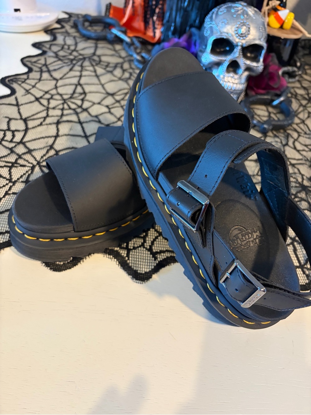 New- Dr Martens Voss Women’s Black Platform Sandals with Yellow Stitching